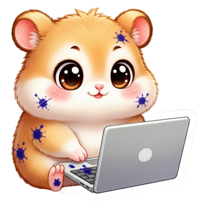 Hammy the ink-covered hamster typing on a laptop
